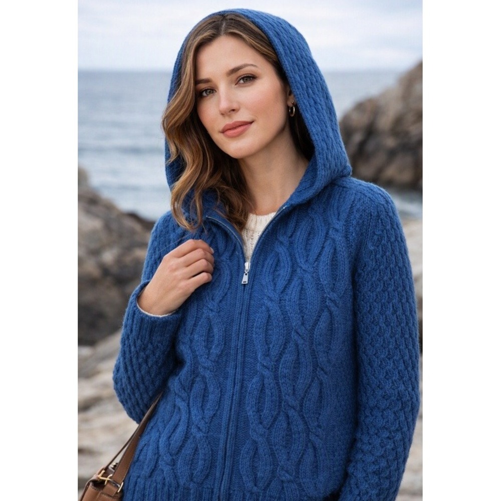 Aran Crafts Womens Wool Hooded Sweater Coat L Fisherman Cable Knit Blue Ireland